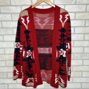 Red Blue Aztec Knit Long Cardigan Sweater with Pockets